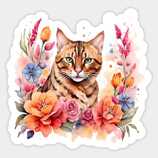 A bengal cat decorated with beautiful watercolor flowers Sticker